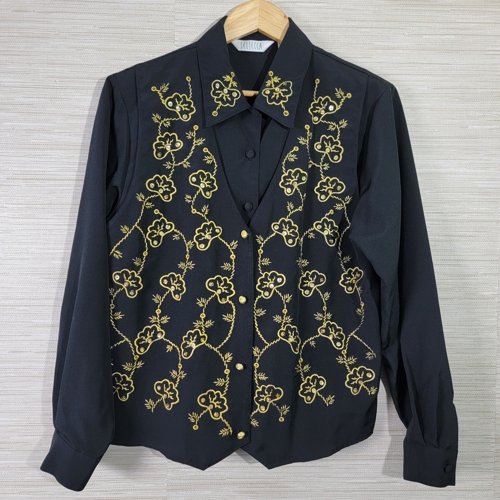 Sellecca Women's Black Blouse Gold Embroidered‎ Western Dress Top Size 12